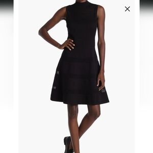 Kate Spade Mesh Panel Black Short Sweater Dress Fit & Flare Mock Neck XS EUC